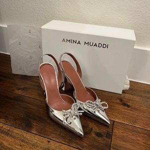 Amina Muaddi Rosie Metallic Crystal Bow Slingback Pumps